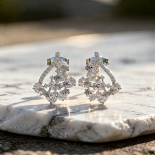 Pair Shot: Round Diamond Earrings with Cluster Setting in 14k White Gold - Lab Grown - Driona Jewels