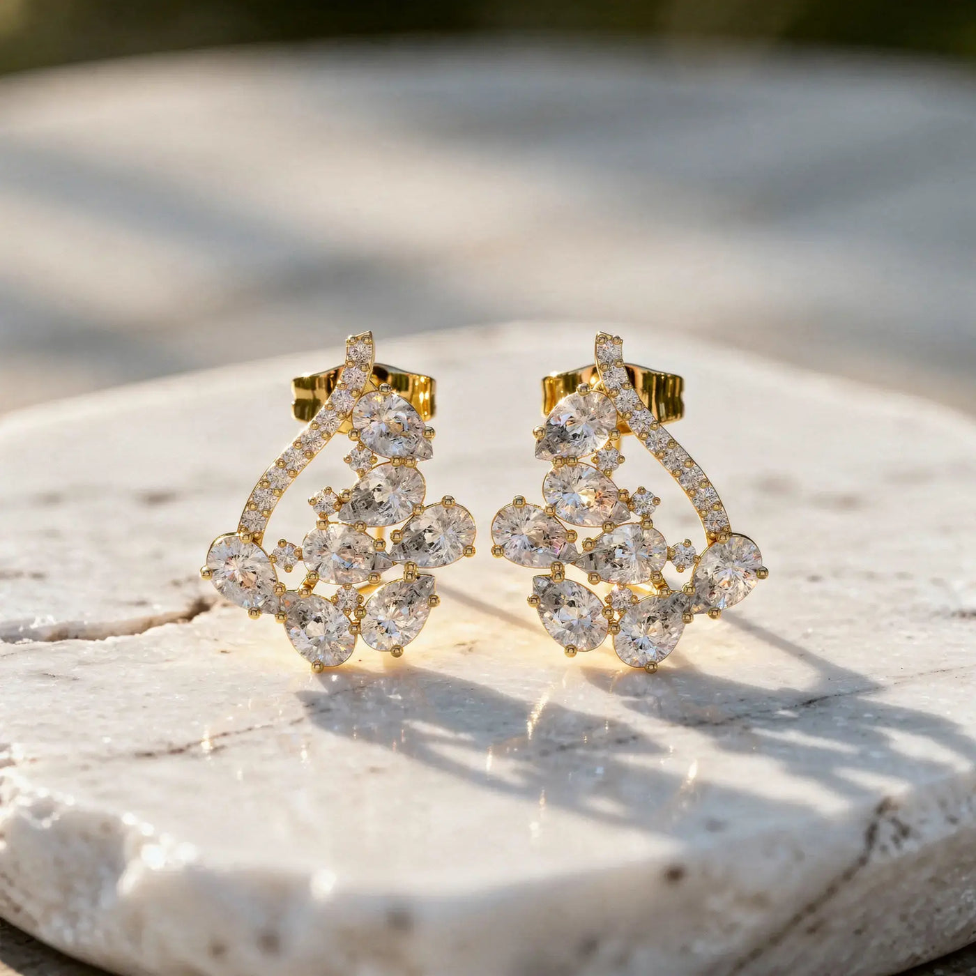Pair Shot: Round Diamond Earrings with Cluster Setting in 14k Yellow Gold - Lab Grown - Driona Jewels