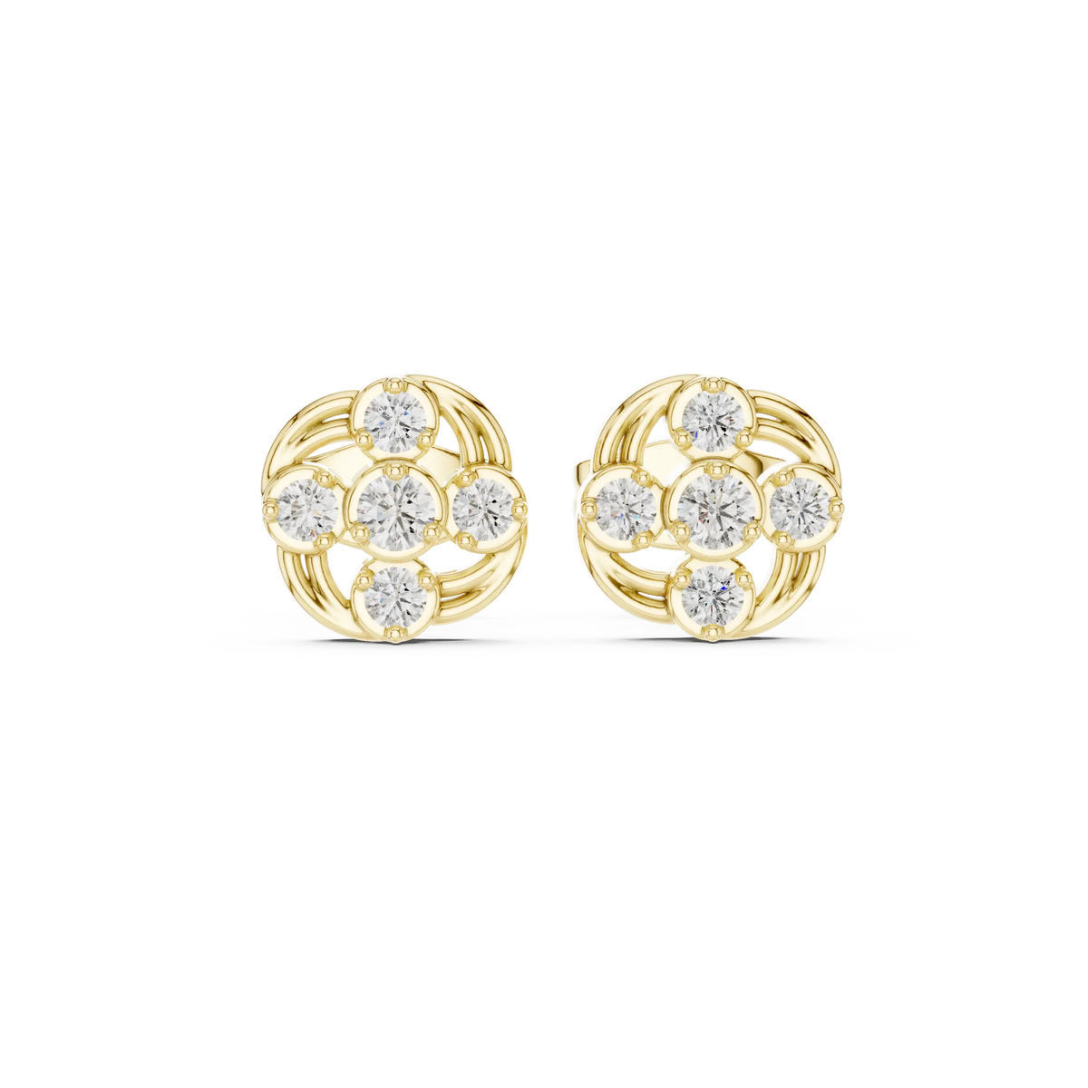 Pair Shot: Round Diamond Earrings with Cluster Setting in 14k Yellow Gold - Lab Grown - Driona Jewels