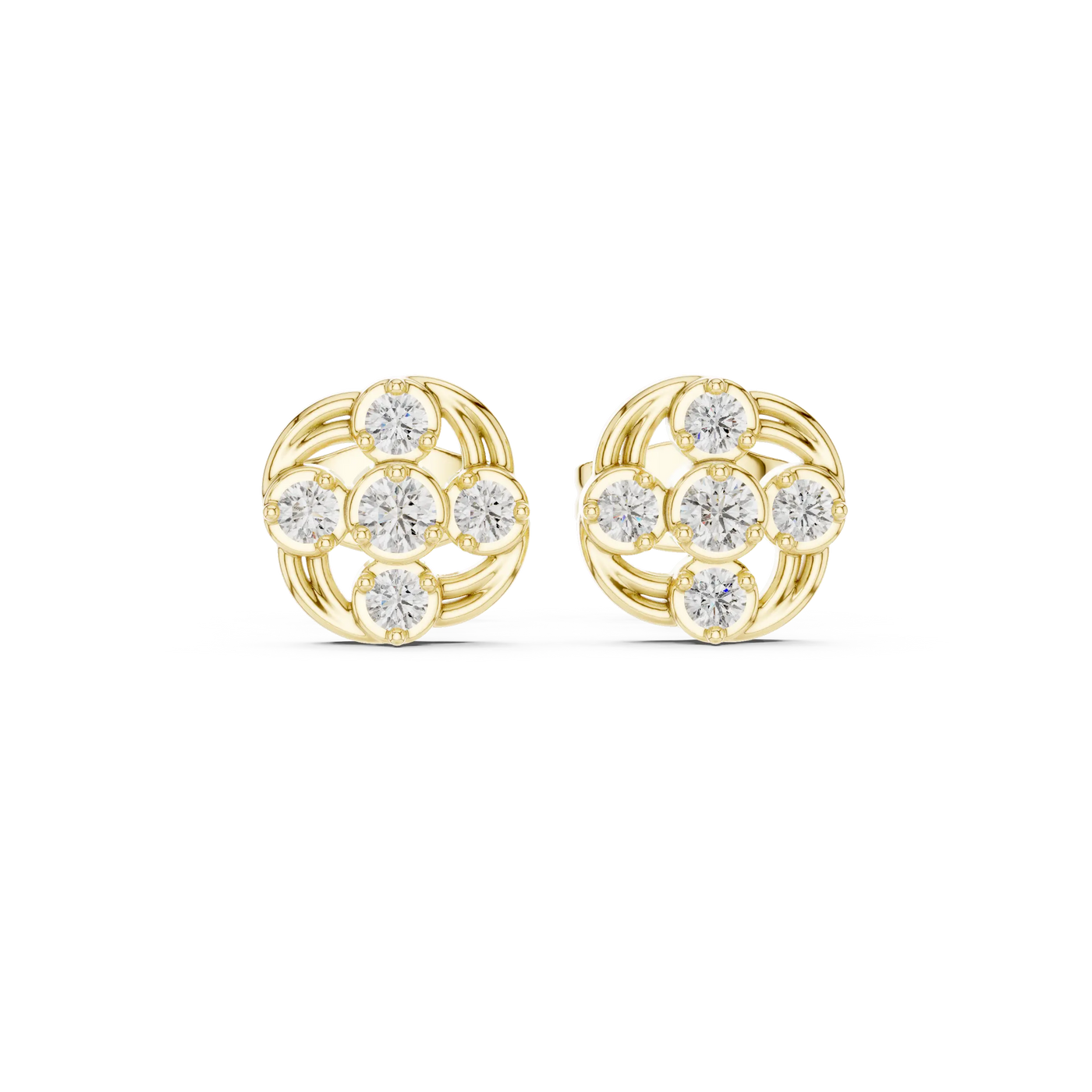 Pair Shot: Round Diamond Earrings with Cluster Setting in 14k Yellow Gold - Lab Grown - Driona Jewels