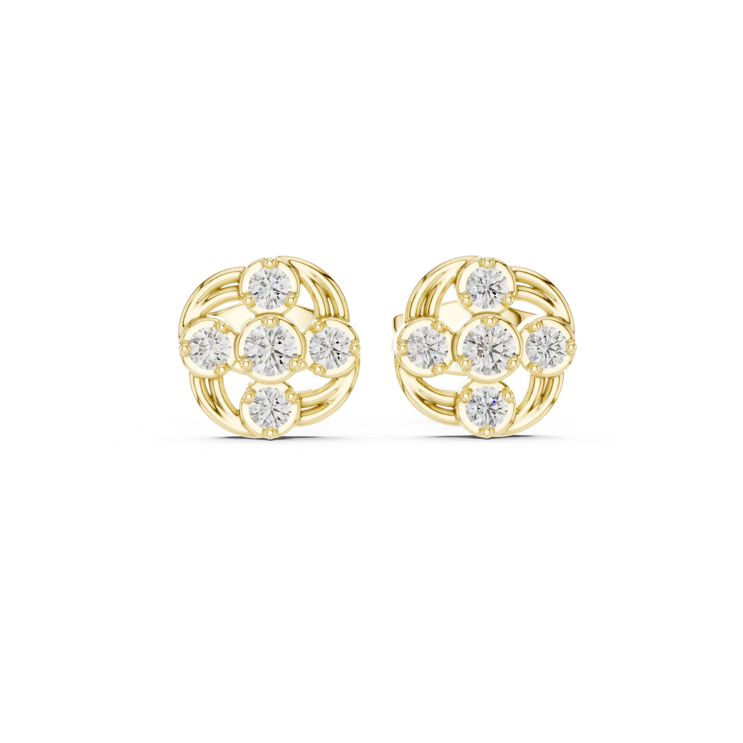 Pair Shot: Round Diamond Earrings with Cluster Setting in 14k Yellow Gold - Lab Grown - Driona Jewels