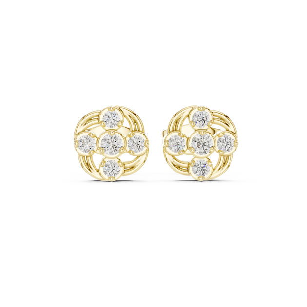 Pair Shot: Round Diamond Earrings with Cluster Setting in 14k Yellow Gold - Lab Grown - Driona Jewels
