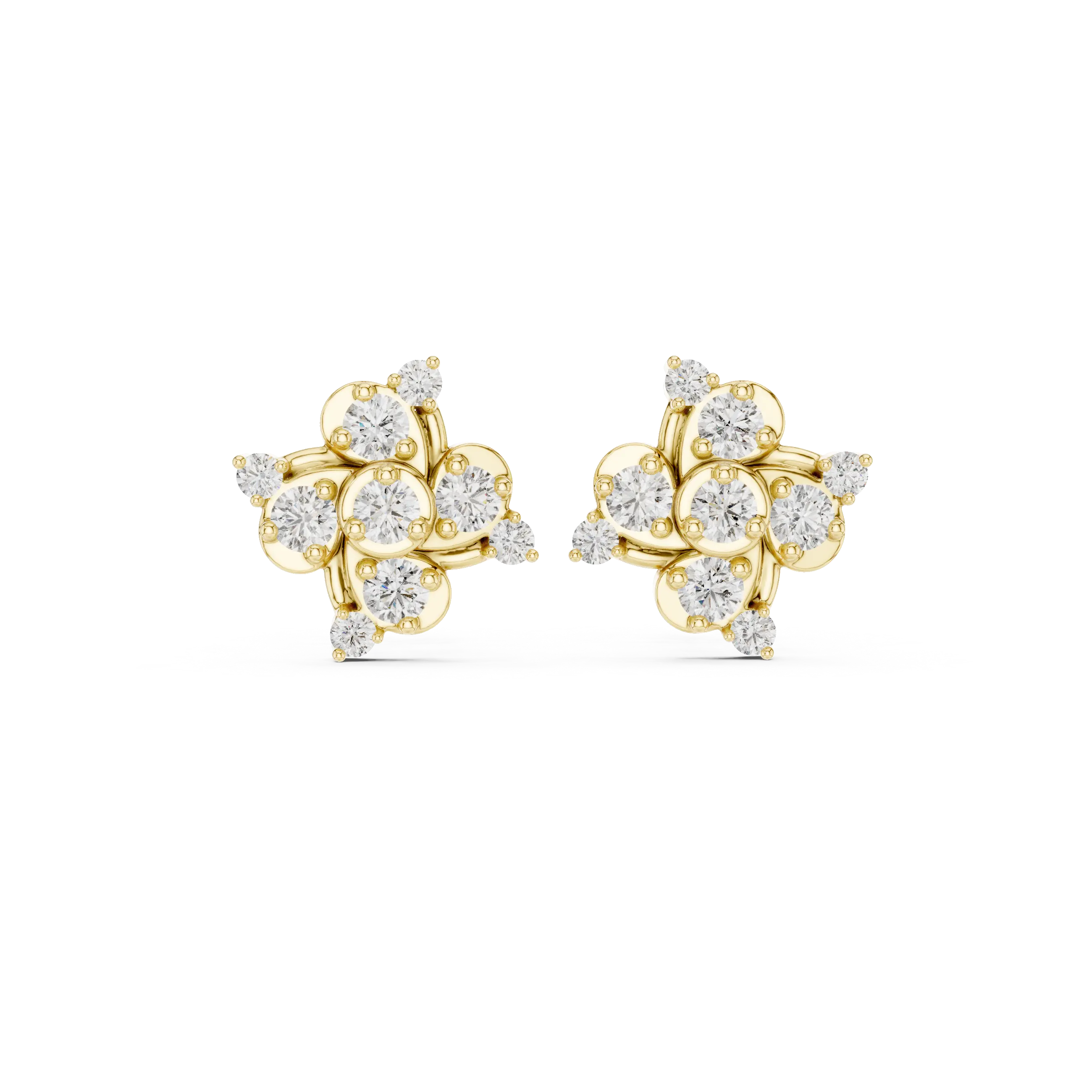 Pair Shot: Round Diamond Earrings with Cluster Setting in 14k Yellow Gold - Lab Grown - Driona Jewels