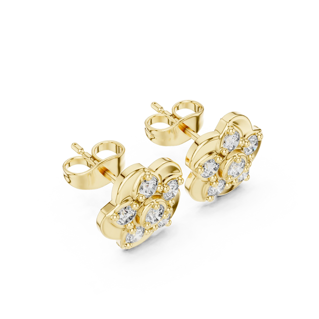 Pair Shot: Round Diamond Earrings with Cluster Setting in 14k Yellow Gold - Lab Grown - Driona Jewels