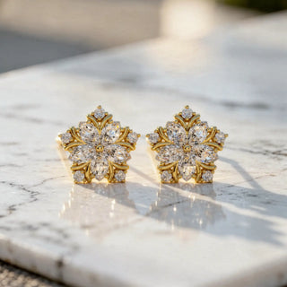 Pair Shot: Round Diamond Earrings with Cluster Setting in 14k Yellow Gold - Lab Grown - Driona Jewels
