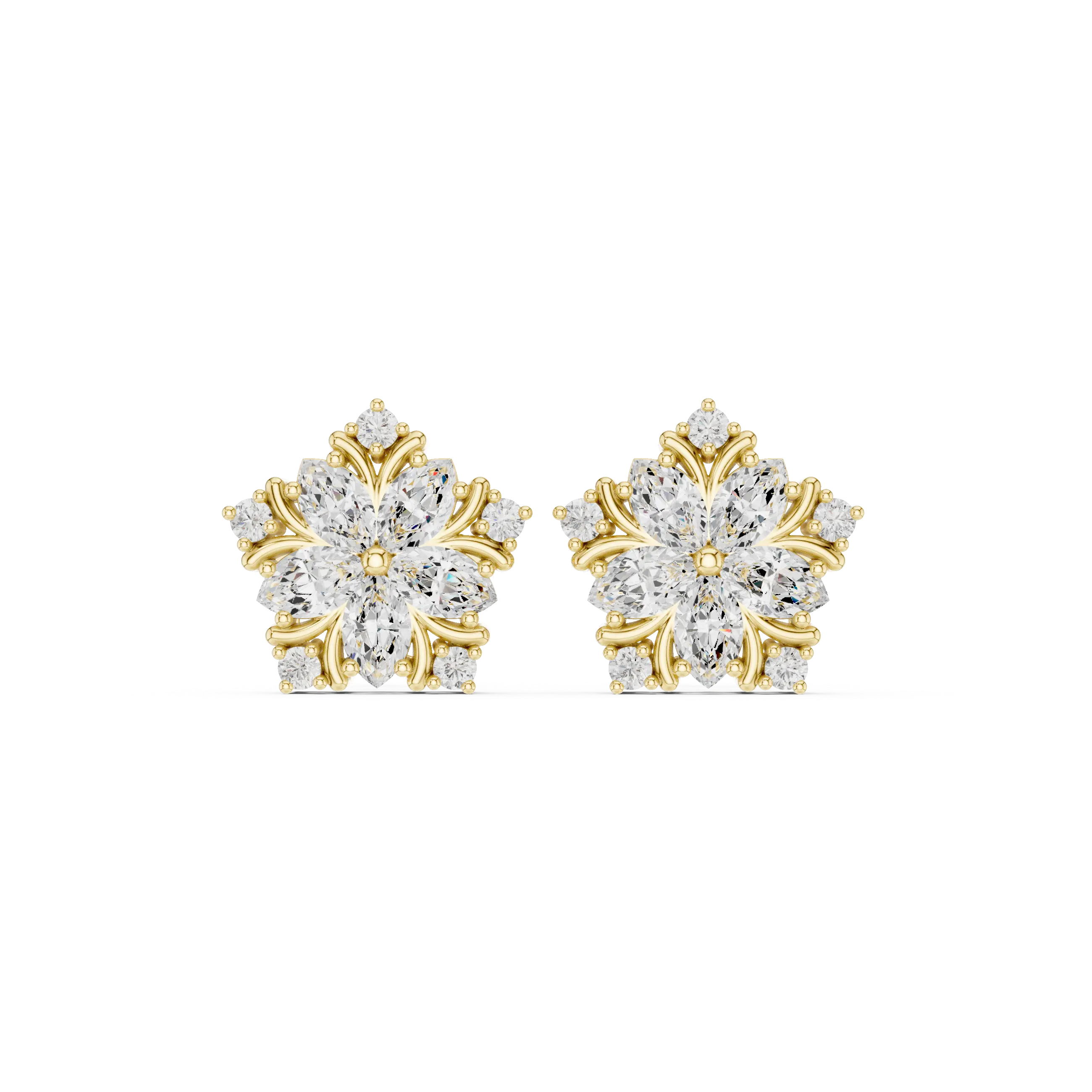 Pair-Shot: Round Diamond Earrings with Cluster Setting in 14k Yellow Gold - Lab Grown - Driona Jewels