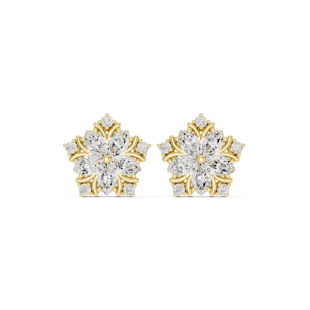 Pair-Shot: Round Diamond Earrings with Cluster Setting in 14k Yellow Gold - Lab Grown - Driona Jewels