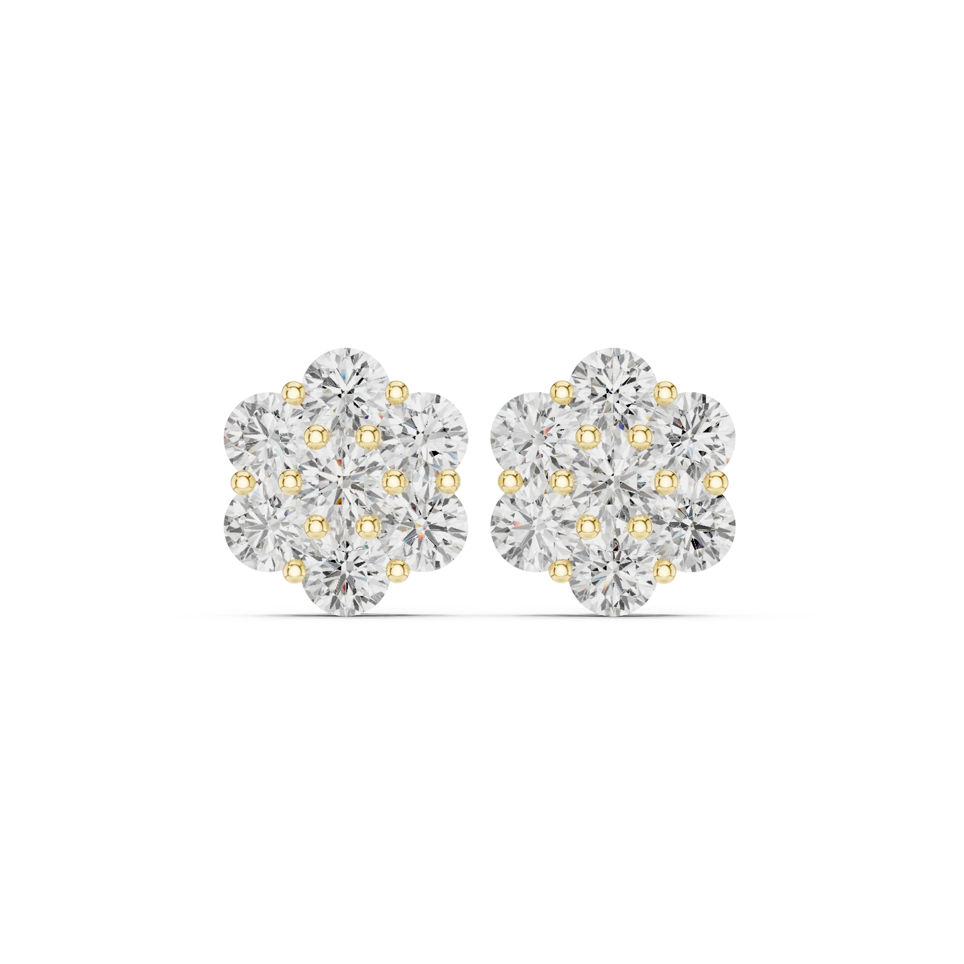 Pair-Shot: Round Diamond Earrings with Cluster Setting in 14k Yellow Gold - Lab Grown - Driona Jewels