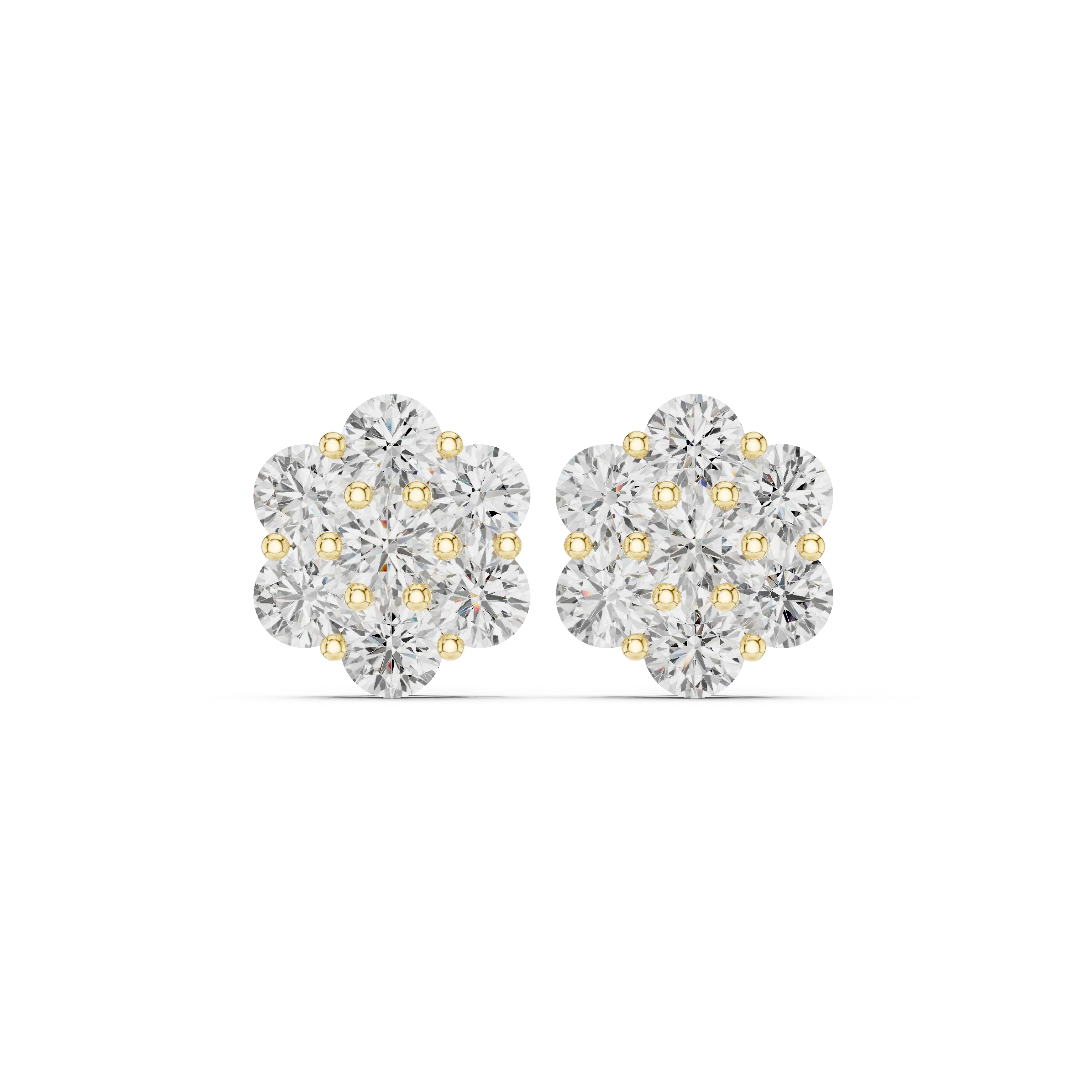 Pair-Shot: Round Diamond Earrings with Cluster Setting in 14k Yellow Gold - Lab Grown - Driona Jewels