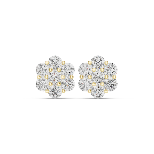 Pair-Shot: Round Diamond Earrings with Cluster Setting in 14k Yellow Gold - Lab Grown - Driona Jewels