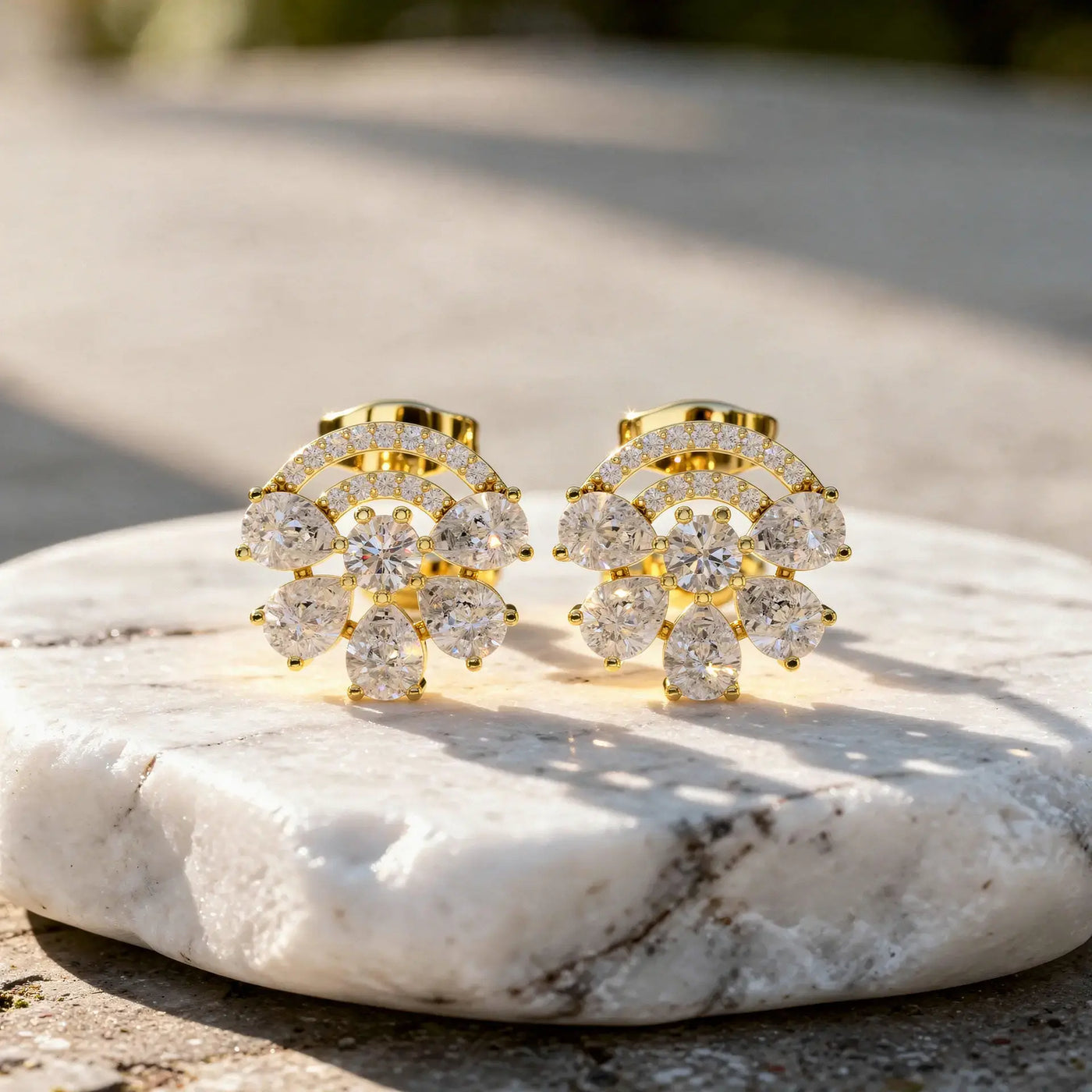 Pair Shot: Round Diamond Earrings with Cluster Setting in 14k Yellow Gold - Lab Grown - Driona Jewels