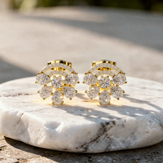 Pair Shot: Round Diamond Earrings with Cluster Setting in 14k Yellow Gold - Lab Grown - Driona Jewels
