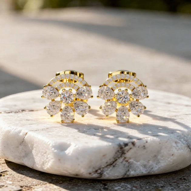 Pair Shot: Round Diamond Earrings with Cluster Setting in 14k Yellow Gold - Lab Grown - Driona Jewels