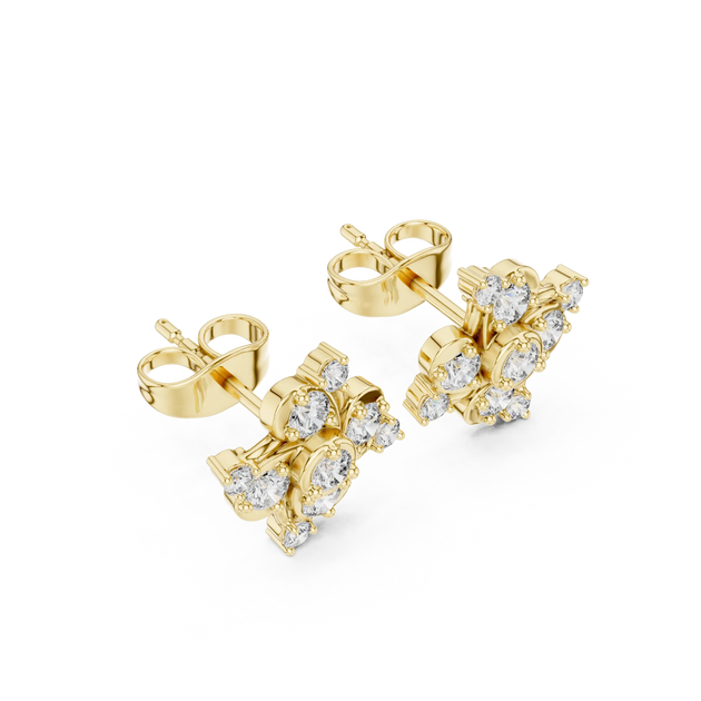Pair Shot: Round Diamond Earrings with Cluster Setting in 14k Yellow Gold - Lab Grown - Driona Jewels