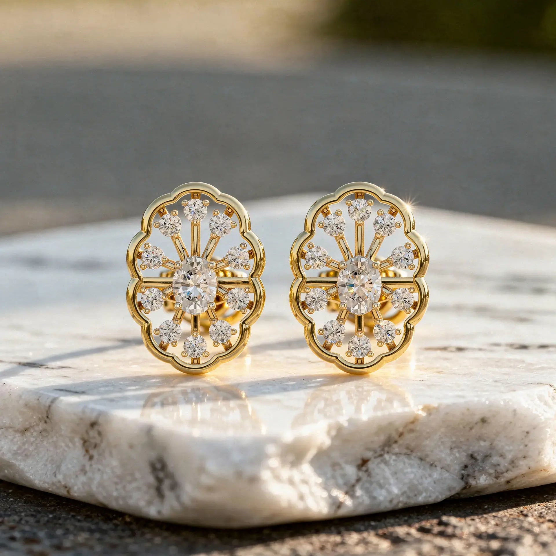 Pair Shot: Round Diamond Earrings with Cluster Setting in 14k Yellow Gold - Lab Grown - Driona Jewels
