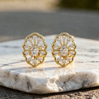 Pair Shot: Round Diamond Earrings with Cluster Setting in 14k Yellow Gold - Lab Grown - Driona Jewels