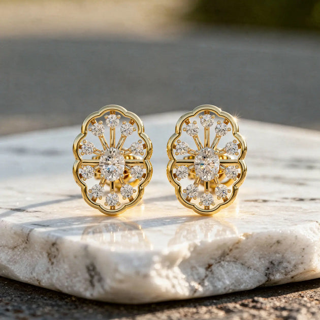 Pair Shot: Round Diamond Earrings with Cluster Setting in 14k Yellow Gold - Lab Grown - Driona Jewels