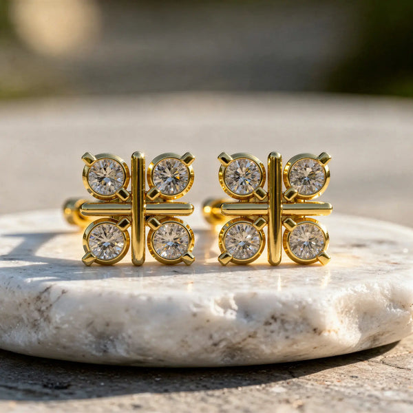 Pair-Shot: Round Diamond Earrings with Cluster Setting in 14k Yellow Gold - Lab Grown - Driona Jewels