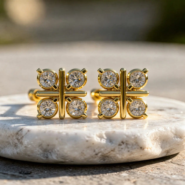 Pair-Shot: Round Diamond Earrings with Cluster Setting in 14k Yellow Gold - Lab Grown - Driona Jewels
