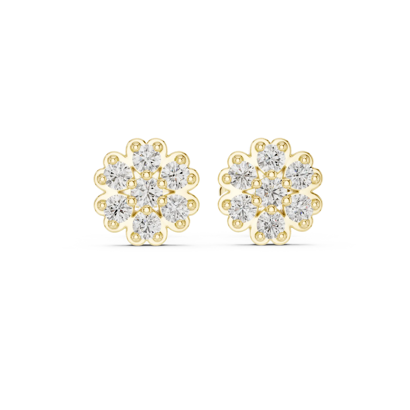 Pair-Shot: Round Diamond Earrings with Cluster Setting in 14k Yellow Gold - Lab Grown - Driona Jewels