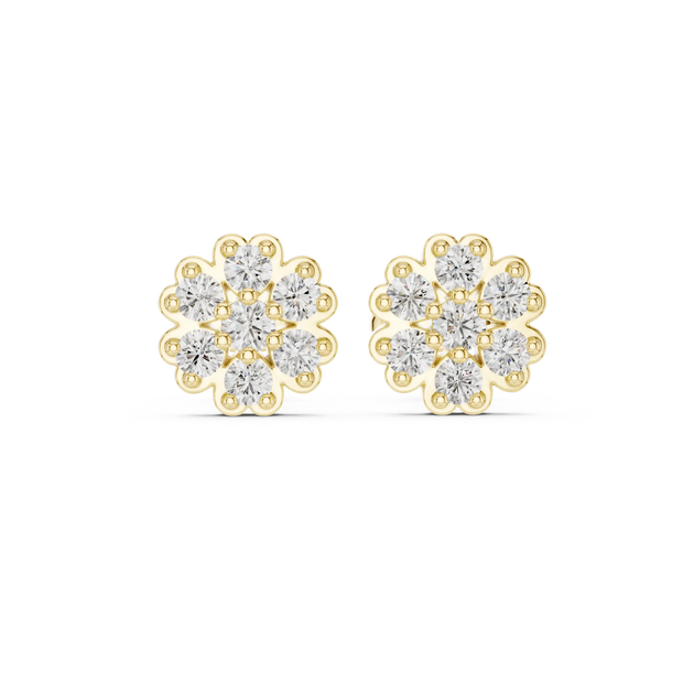 Pair-Shot: Round Diamond Earrings with Cluster Setting in 14k Yellow Gold - Lab Grown - Driona Jewels