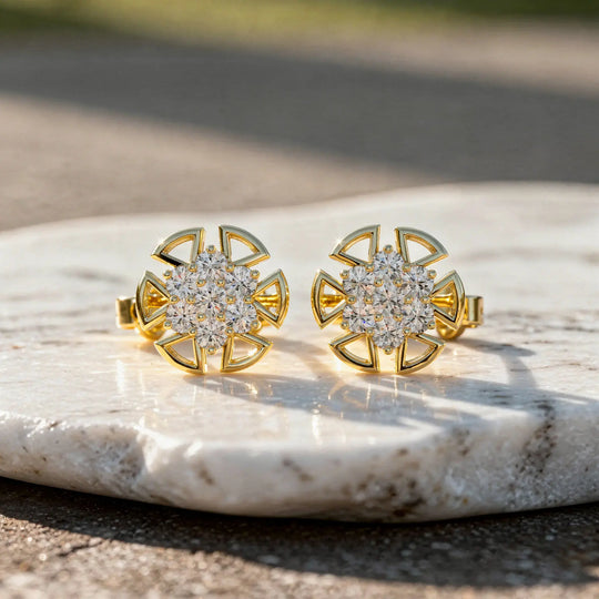 Pair Shot: Round Diamond Earrings with Cluster Setting in 14k Yellow Gold - Lab Grown - Driona Jewels