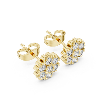 Pair Shot: Round Diamond Earrings with Cluster Setting in 14k Yellow Gold - Lab Grown - Driona Jewels