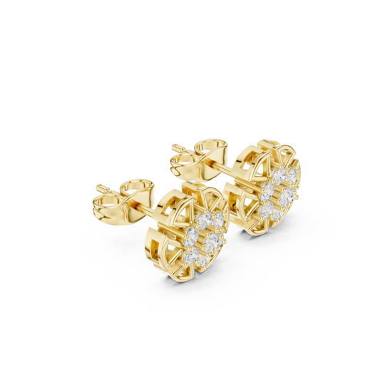 Pair-Shot: Round Diamond Earrings with Cluster Setting in 14k Yellow Gold - Lab Grown - Driona Jewels