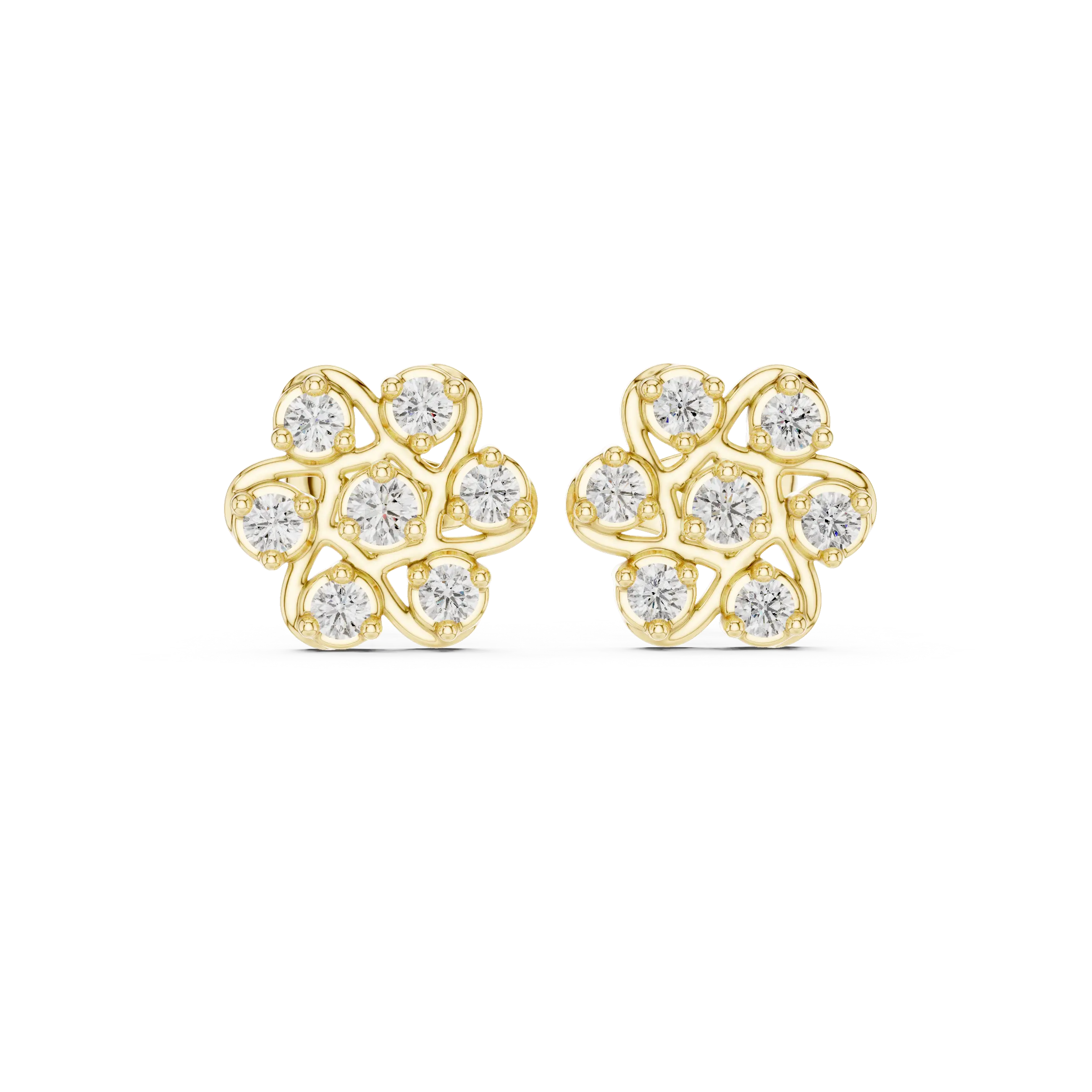 Pair-Shot: Round Diamond Earrings with Cluster Setting in 14k Yellow Gold - Lab Grown - Driona Jewels