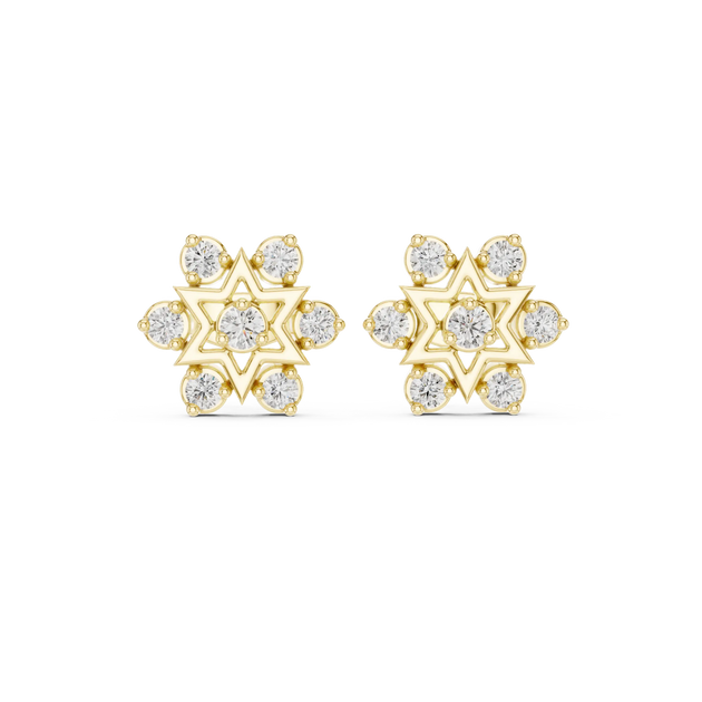 Pair-Shot: Round Diamond Earrings with Cluster Setting in 14k Yellow Gold - Lab Grown - Driona Jewels
