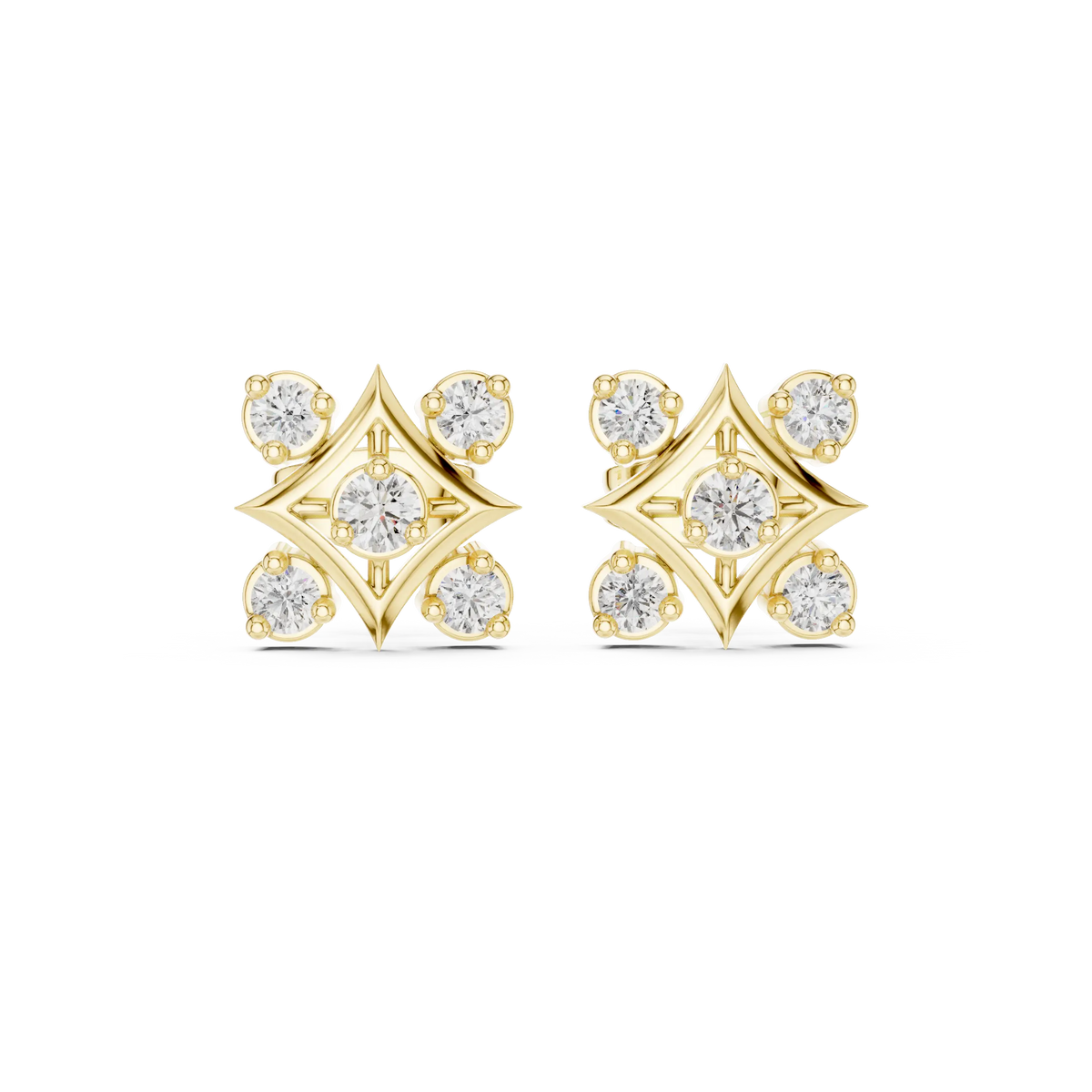 Pair-Shot: Round Diamond Earrings with Cluster Setting in 14k Yellow Gold - Lab Grown - Driona Jewels