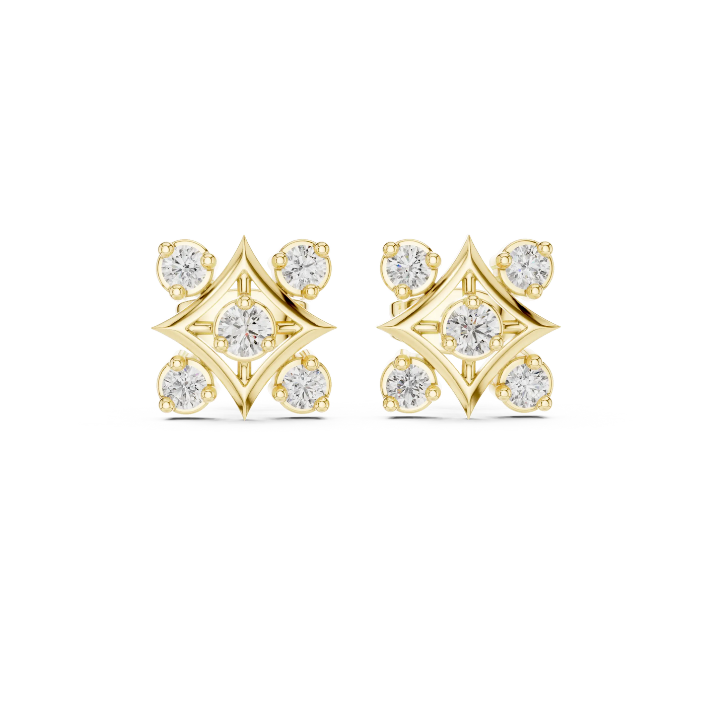 Pair-Shot: Round Diamond Earrings with Cluster Setting in 14k Yellow Gold - Lab Grown - Driona Jewels