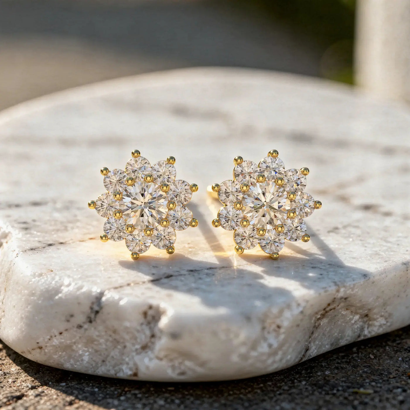 Pair-Shot: Round Diamond Earrings with Cluster Setting in 14k Yellow Gold - Lab Grown - Driona Jewels