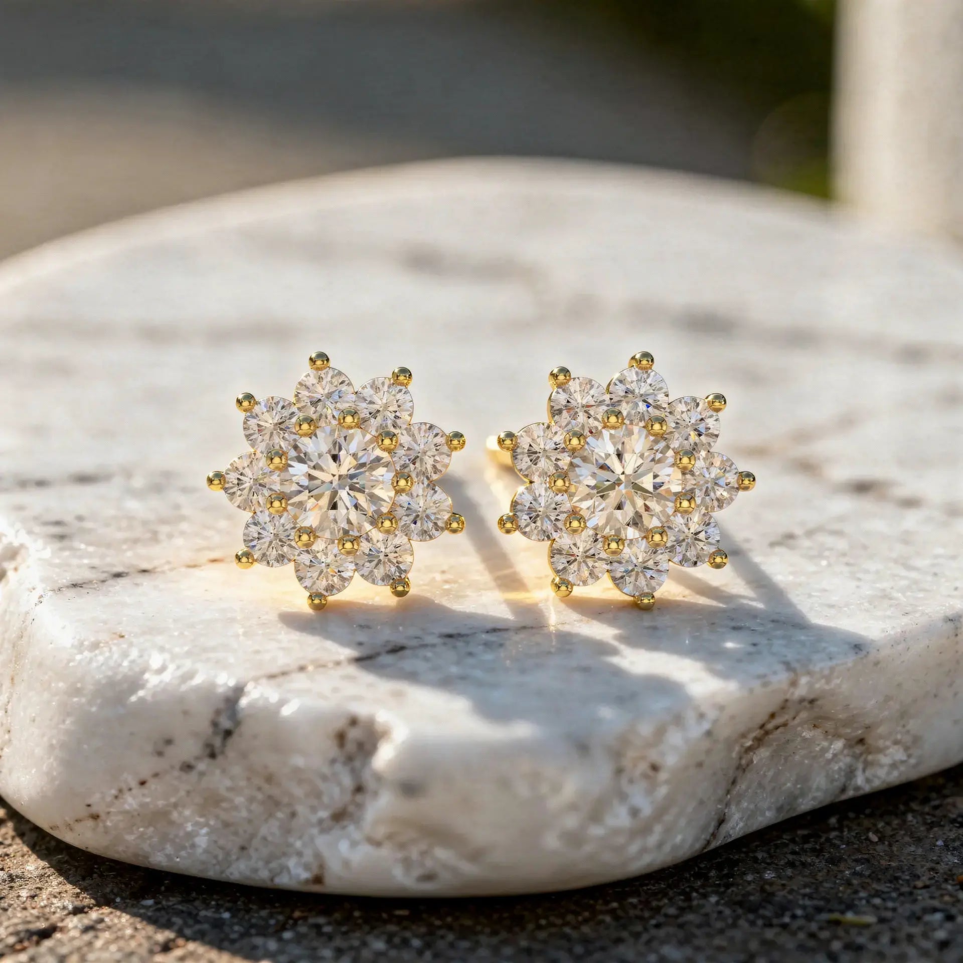 Pair-Shot: Round Diamond Earrings with Cluster Setting in 14k Yellow Gold - Lab Grown - Driona Jewels