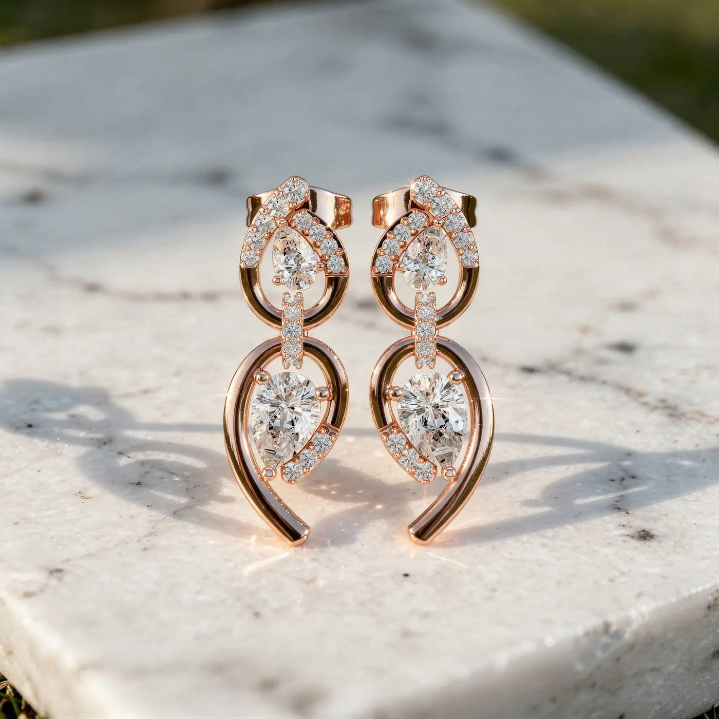 Pair Shot: Round Diamond Earrings with Drop Setting in 14k Rose Gold - Lab Grown - Driona Jewels
