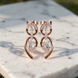 Pair Shot: Round Diamond Earrings with Drop Setting in 14k Rose Gold - Lab Grown - Driona Jewels