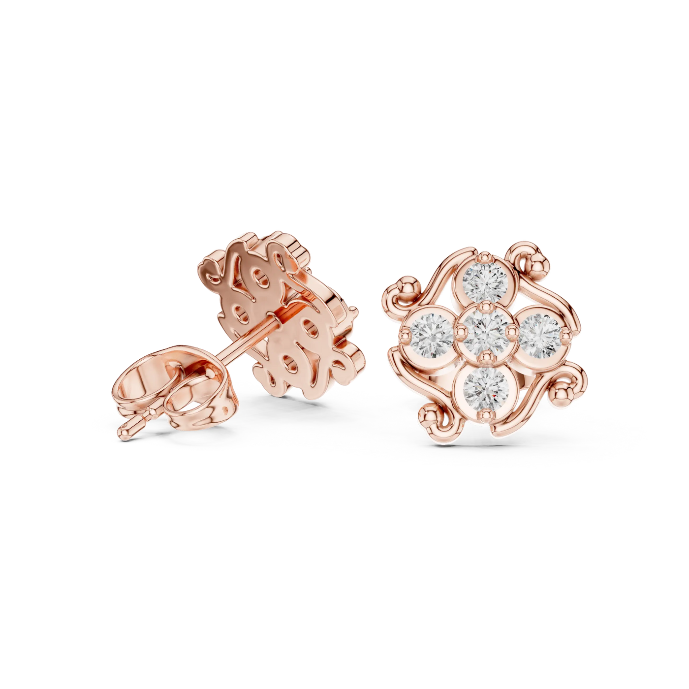 Pair-Shot: Round Diamond Earrings with Floral Setting in 14k Rose Gold - Lab Grown - Driona Jewels