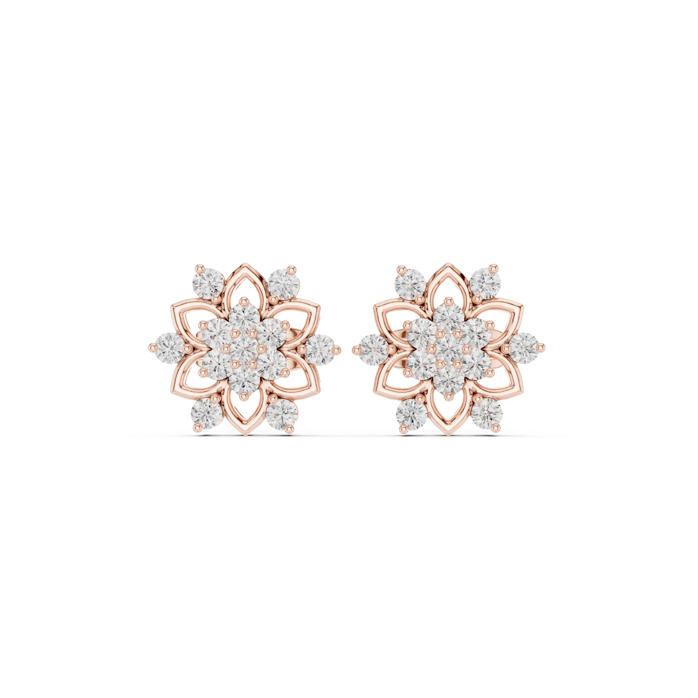 Pair Shot: Round Diamond Earrings with Floral Setting in 14k Rose Gold - Lab Grown - Driona Jewels