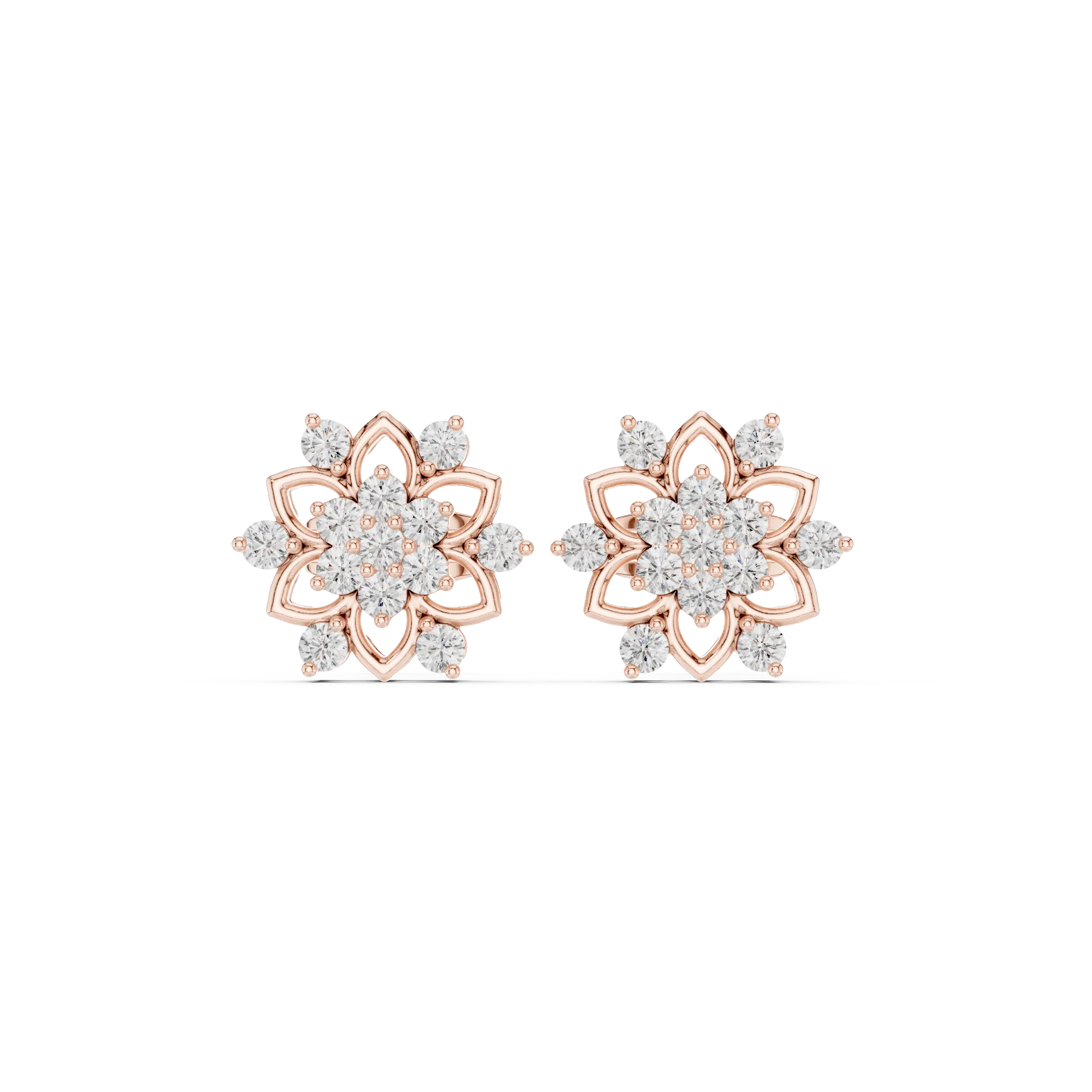 Pair Shot: Round Diamond Earrings with Floral Setting in 14k Rose Gold - Lab Grown - Driona Jewels