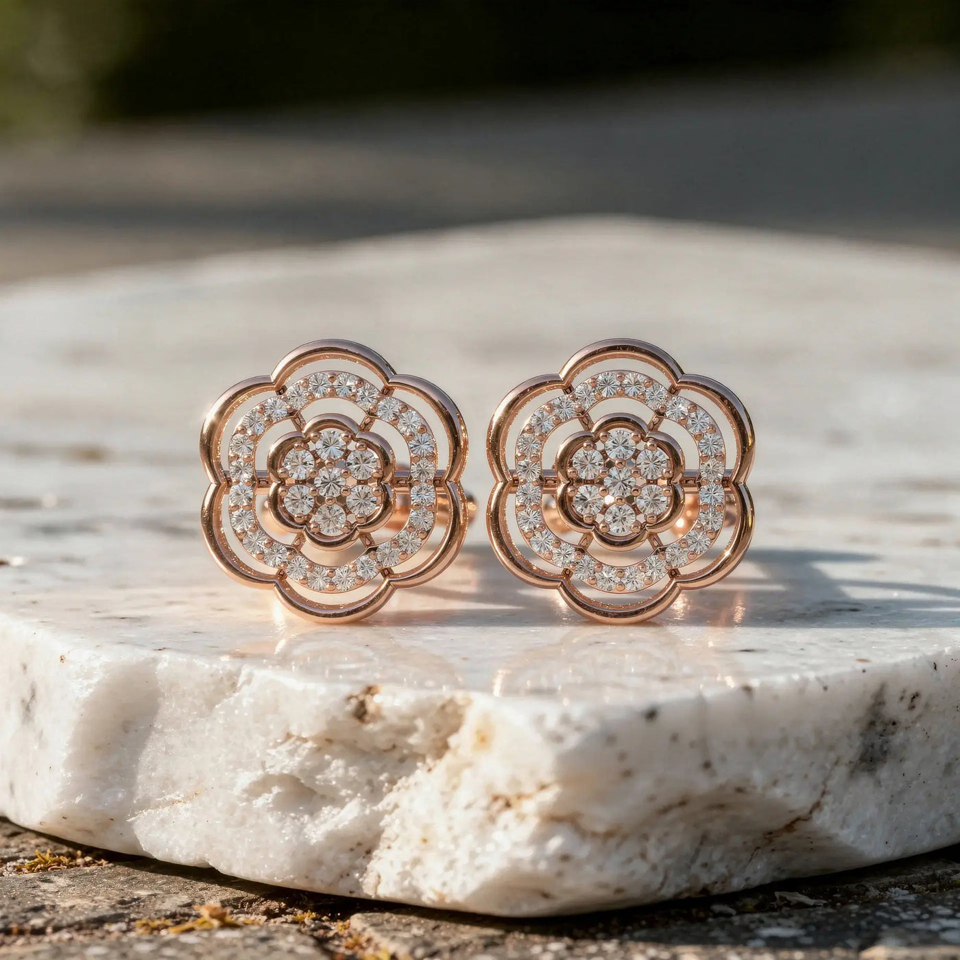 Pair Shot: Round Diamond Earrings with Floral Setting in 14k Rose Gold - Lab Grown - Driona Jewels