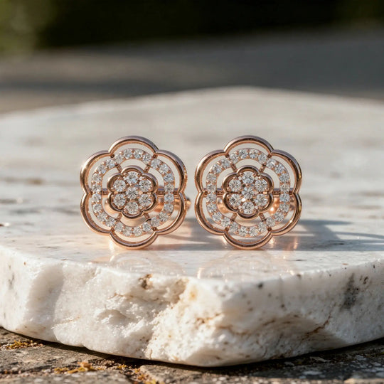 Pair Shot: Round Diamond Earrings with Floral Setting in 14k Rose Gold - Lab Grown - Driona Jewels