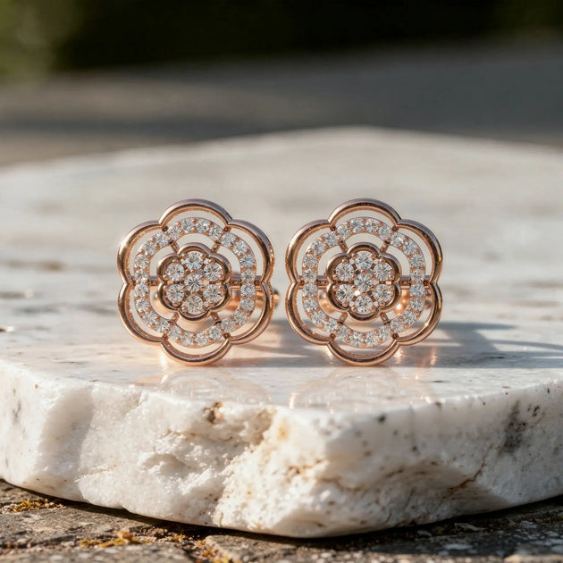 Pair Shot: Round Diamond Earrings with Floral Setting in 14k Rose Gold - Lab Grown - Driona Jewels