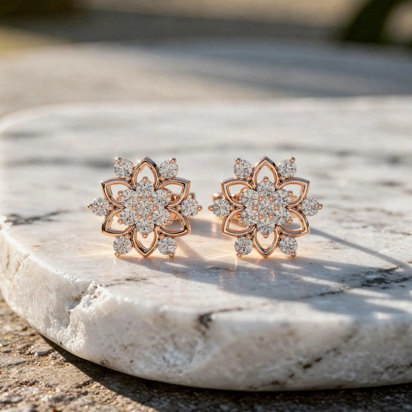 Pair Shot: Round Diamond Earrings with Floral Setting in 14k Rose Gold - Lab Grown - Driona Jewels
