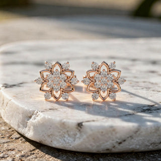 Pair Shot: Round Diamond Earrings with Floral Setting in 14k Rose Gold - Lab Grown - Driona Jewels
