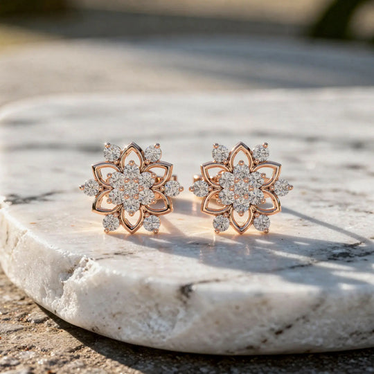 Pair Shot: Round Diamond Earrings with Floral Setting in 14k Rose Gold - Lab Grown - Driona Jewels