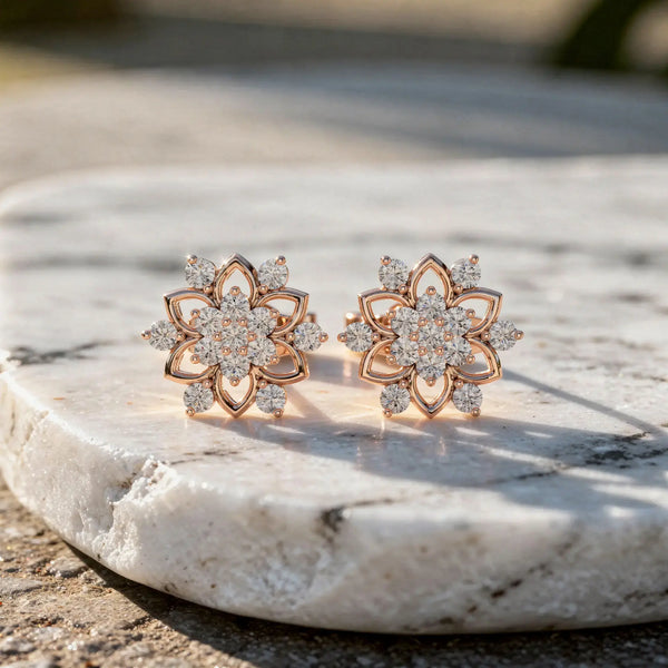 Pair Shot: Round Diamond Earrings with Floral Setting in 14k Rose Gold - Lab Grown - Driona Jewels