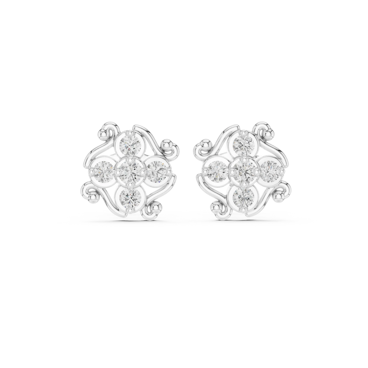 Pair-Shot: Round Diamond Earrings with Floral Setting in 14k White Gold - Lab Grown - Driona Jewels