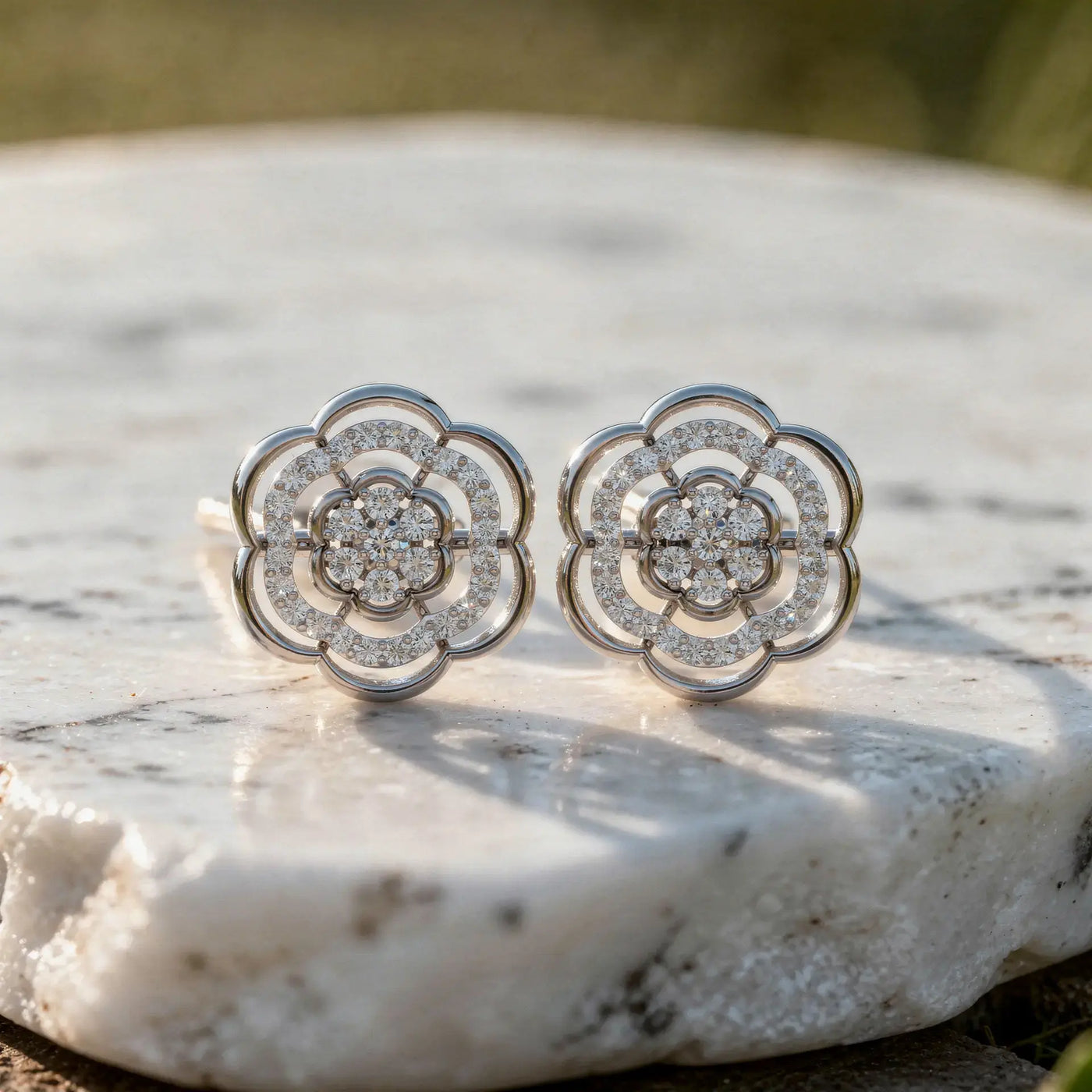 Pair-Shot: Round Diamond Earrings with Floral Setting in 14k White Gold - Lab Grown - Driona Jewels