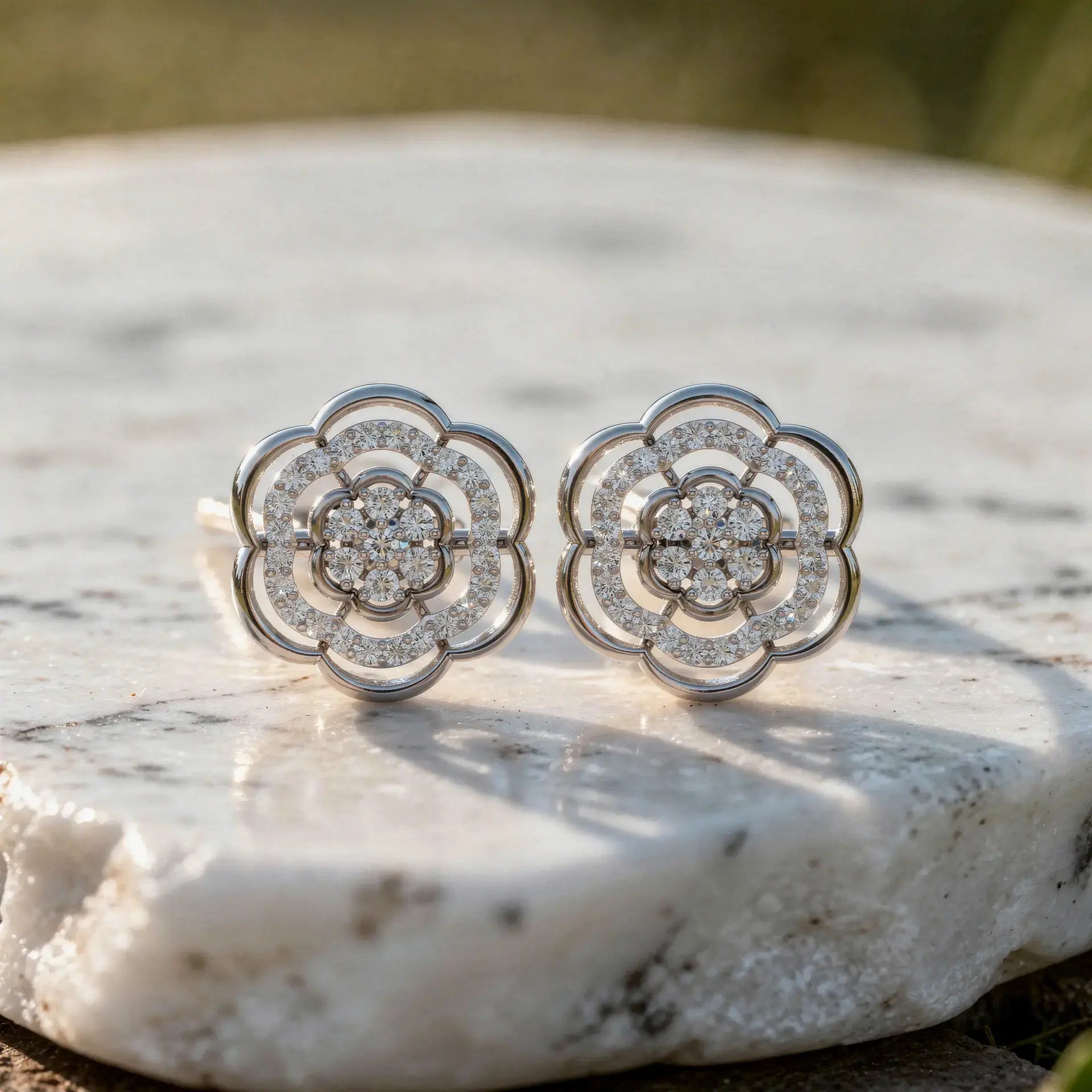 Pair-Shot: Round Diamond Earrings with Floral Setting in 14k White Gold - Lab Grown - Driona Jewels