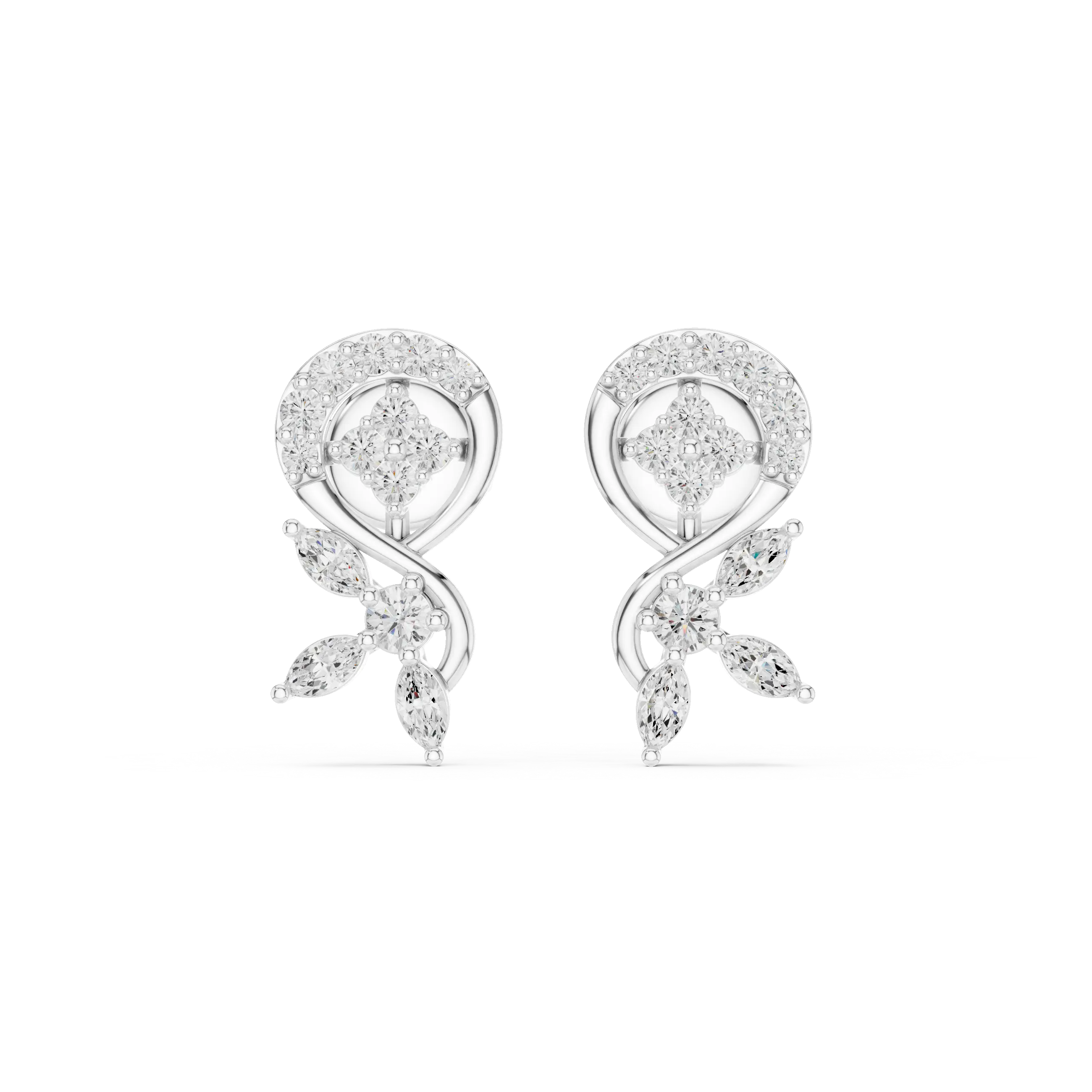 Pair Shot: Round Diamond Earrings with Floral Setting in 14k White Gold - Lab Grown - Driona Jewels